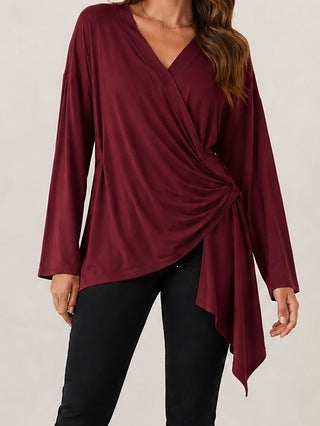 Damen Wickelshirt mit seitlicher Knotenpartie, V‑Ausschnitt und asymmetrischem Saum Drune