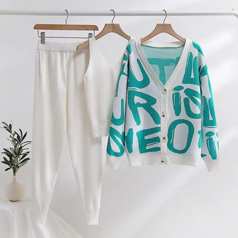Damen gemütliches Strick-Loungewear-Set mit Dekorativem Schriftzug Drune