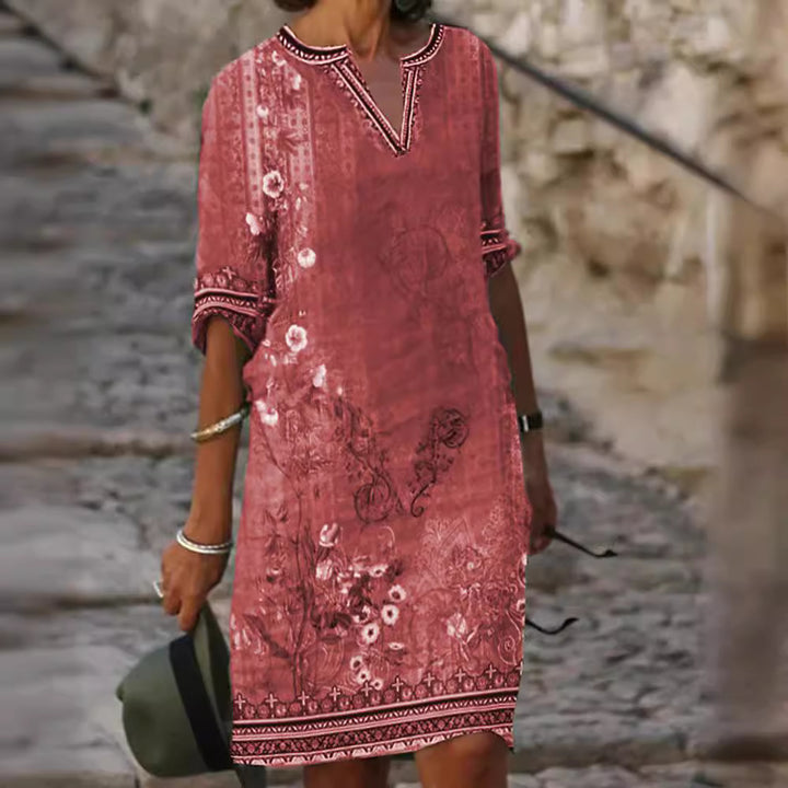 Damen Midi-Kleid im Boho-Leinen-Look mit V-Ausschnitt und Dreiviertelärmeln Drune