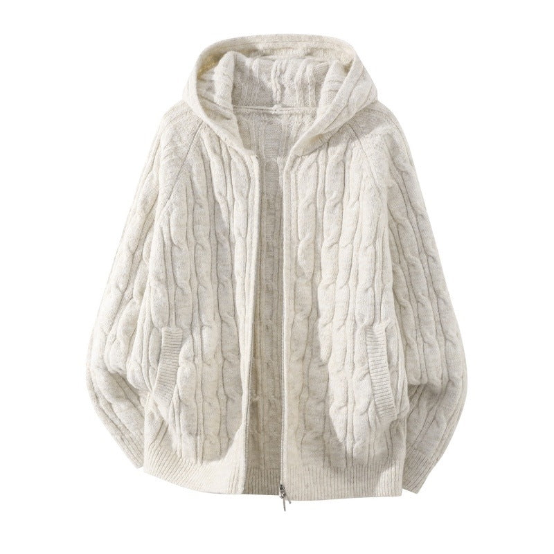 Damen Oversize Zopfstrick-Kapuzencardigan mit durchgehendem Reißverschluss und Ballonärmeln Drune