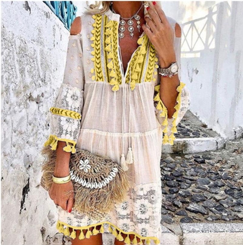 Damen Boho-Tunika mit Spitzendetails und offenen Schultern Drune