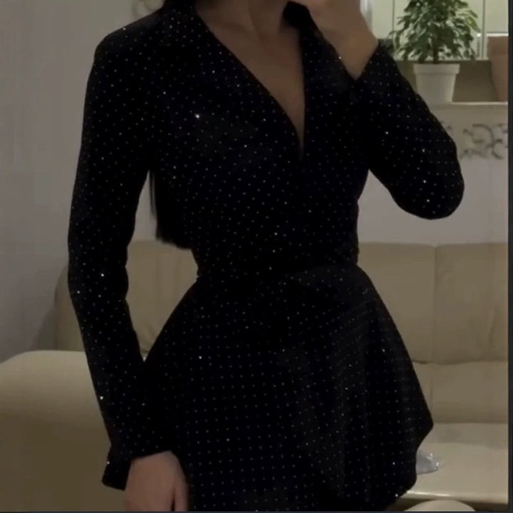 Damen Glitzerndes Hemdblusenkleid mit voluminösem Saum und eleganter Taillierung Drune