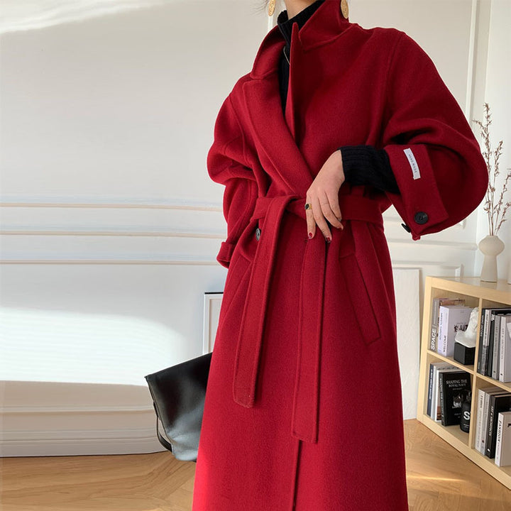 Damen Langer Wollmantel mit Bindegürtel, Oversize‑Silhouette und Ballonärmeln Drune