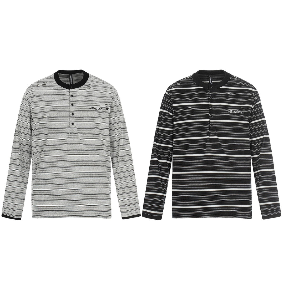 Herren Langarm-Henleyshirt mit Streifenmuster und Distressed-Details Drune
