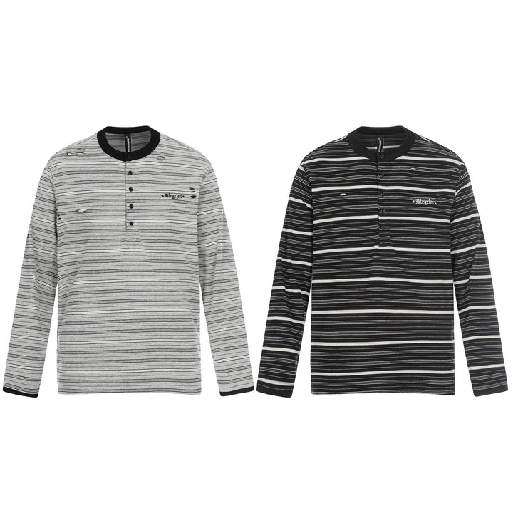 Herren Langarm-Henleyshirt mit Streifenmuster und Distressed-Details Drune