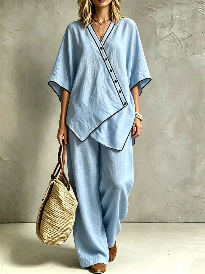 Damen Asymmetrisches Tunika-Loungewear-Set mit diagonaler Knopfleiste und weiter Palazzohose Drune