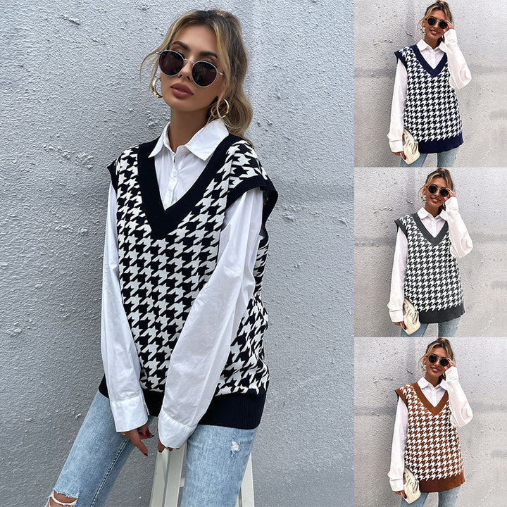 Damen Oversize Strickweste mit Hahnentrittmuster und V-Ausschnitt Drune
