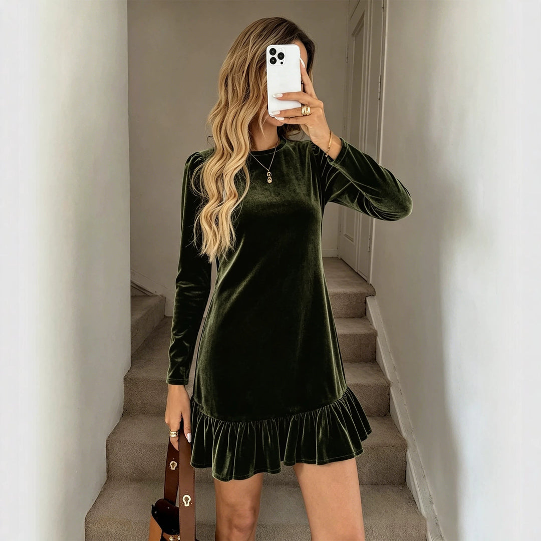 Damen Samt-Minikleid mit langen Ärmeln gerafftem Volantsaum und Puffschultern Drune