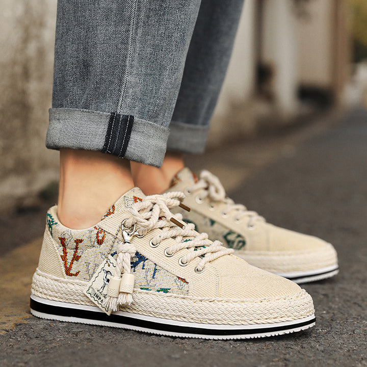 Damen Plateau-Espadrille-Sneaker mit besticktem Canvas, Quastenanhänger und geflochtener Bastsohle Drune