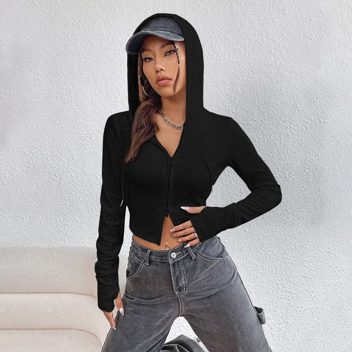 Damen cropped Hoodie mit modischer Kapuze und Reißverschluss Drune