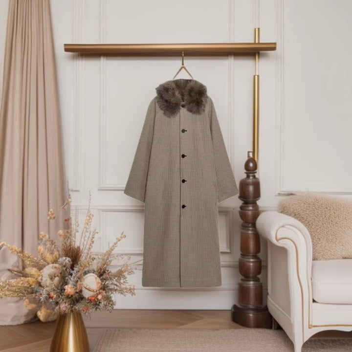 Damen Langer Glencheck-Mantel mit voluminösem Faux-Fur-Kragen und geradem Schnitt Drune