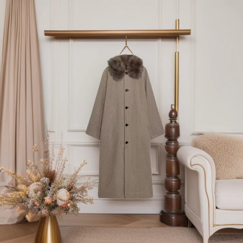 Damen Langer Glencheck-Mantel mit voluminösem Faux-Fur-Kragen und geradem Schnitt Drune