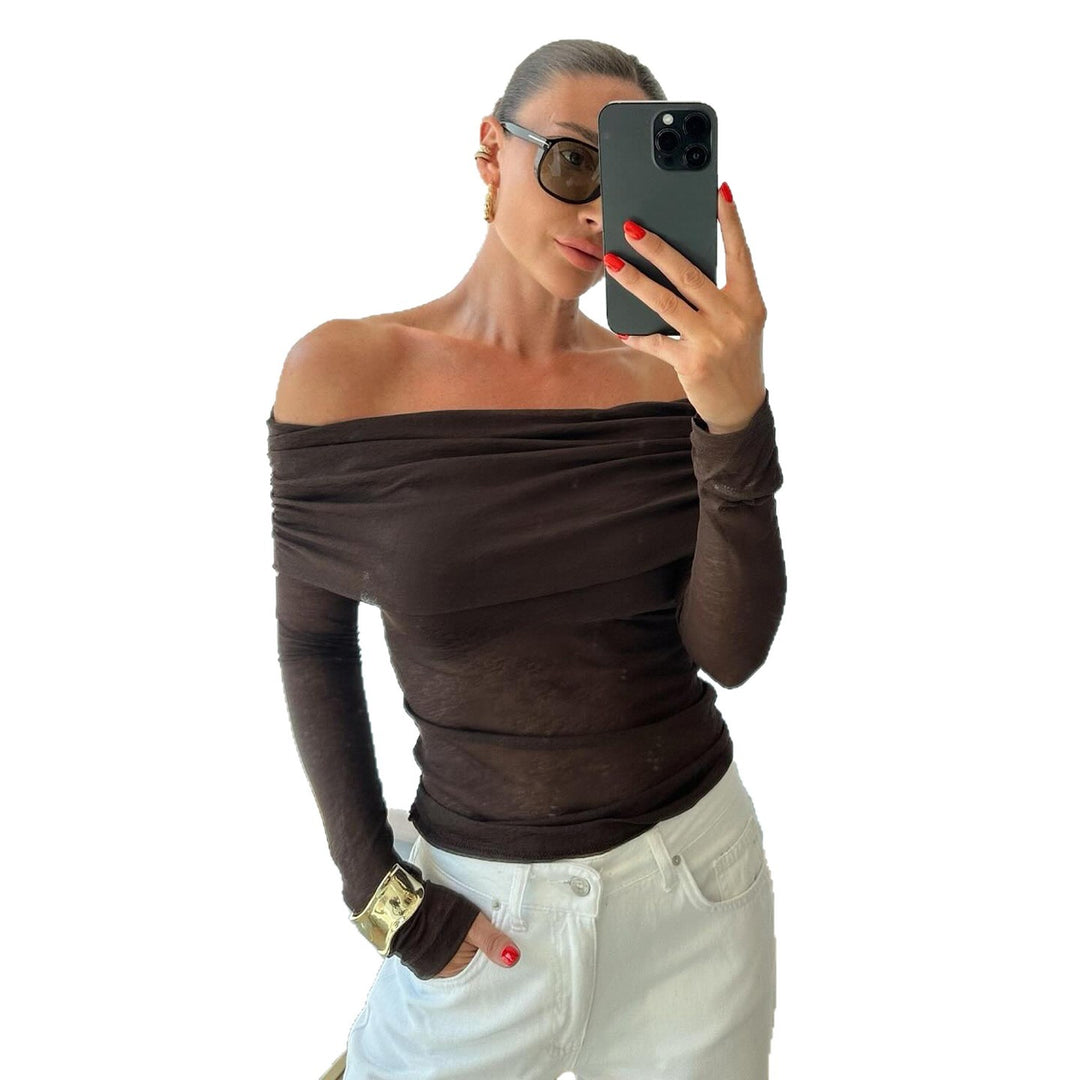 Damen nan schulterfreies Feinstrick-Longsleeve mit gerafftem Umschlagkragen und taillierter Passform Drune