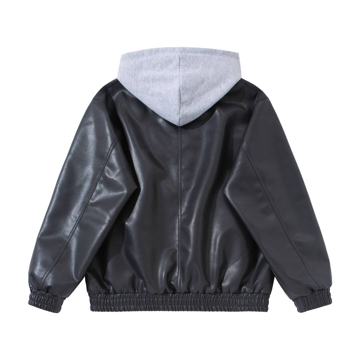 Herren Boxy-Lederblouson mit angenähter Jersey-Kapuze und geripptem Saum Drune