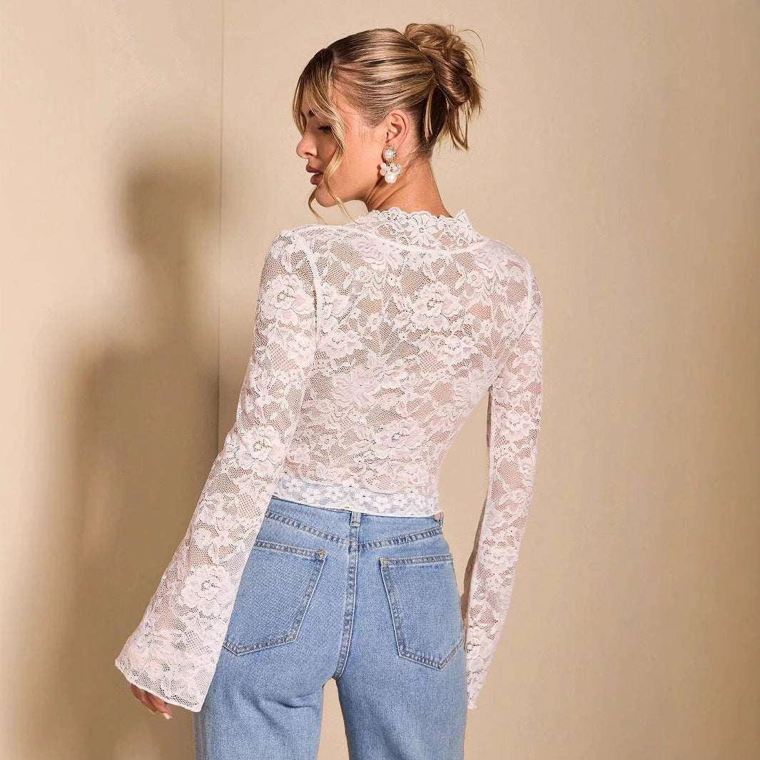 Damen nan transparente Spitzenbluse mit V-Ausschnitt, tailliert und Trompetenärmeln Drune