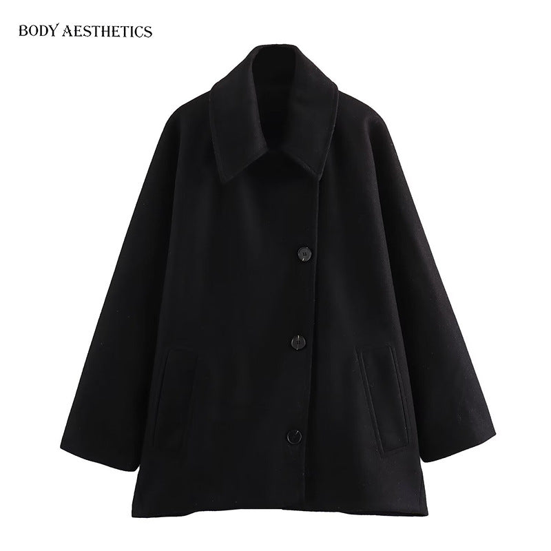 Damen Oversized Wollmix Boxy-Kurzmantel mit Reverskragen und Eingrifftaschen Drune