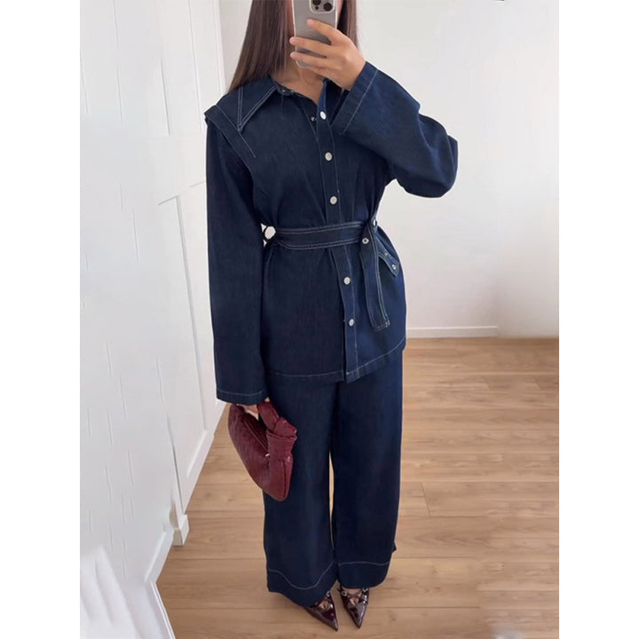 Damen Denim-Blazer-Set im Vintage-Stil mit Taillengürtel Drune