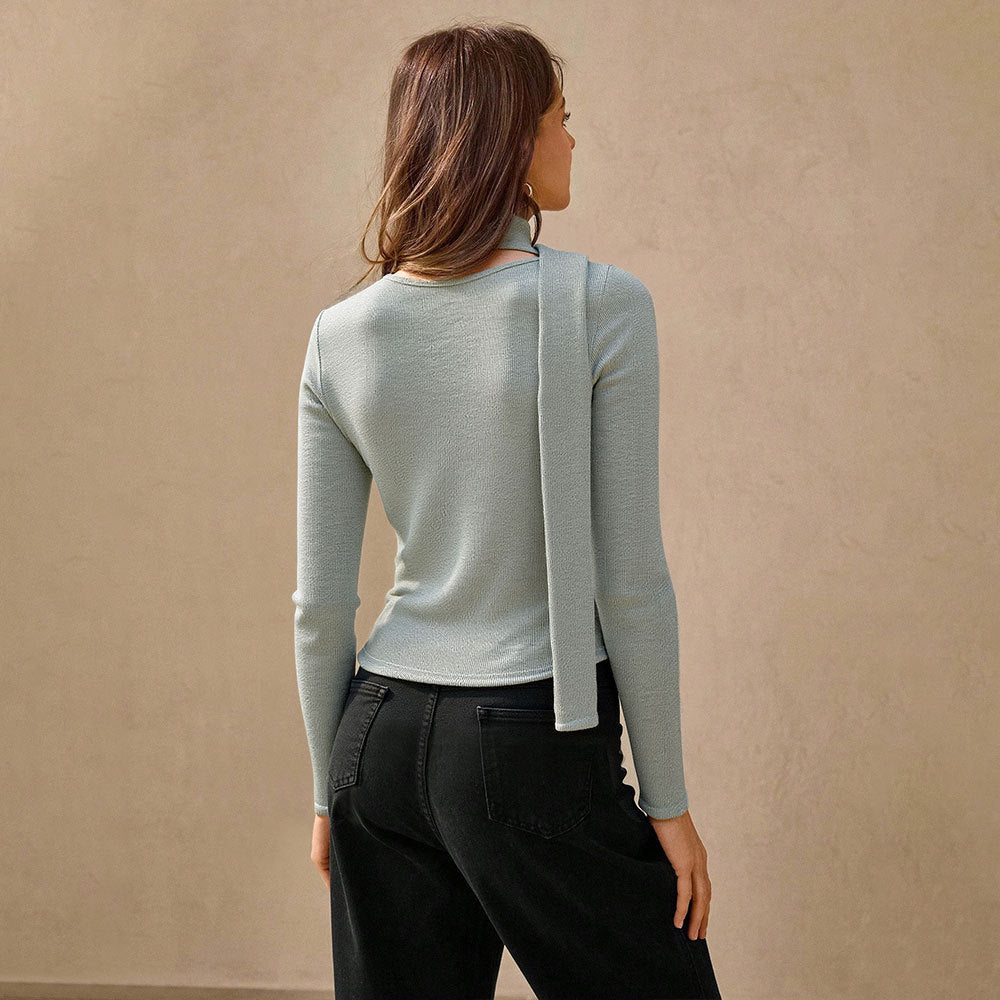 Damen geripptes Langarm-Cardigan-Top mit Knopfleiste, integrierter Schlauchschal und figurbetonter Passform Drune