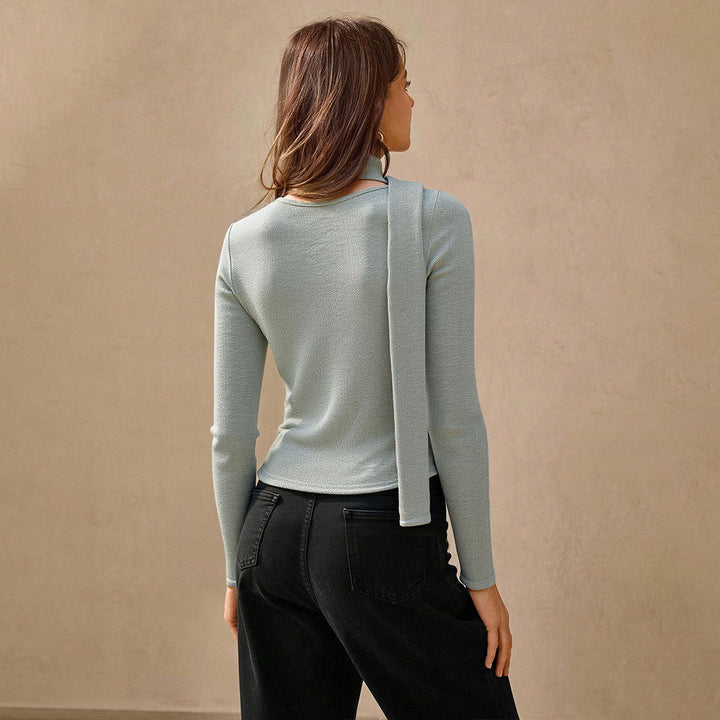 Damen geripptes Langarm-Cardigan-Top mit Knopfleiste, integrierter Schlauchschal und figurbetonter Passform Drune