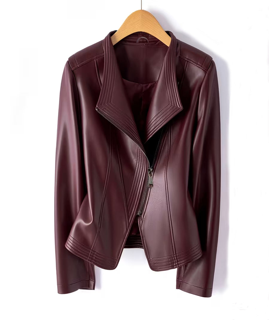 Damen Modische Kunstlederjacke mit asymmetrischem Reißverschluss Drune