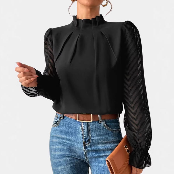 Damen Elegante Chiffonbluse mit Stehkragen, Faltenkante und transparenten Jacquard-Ärmeln Drune