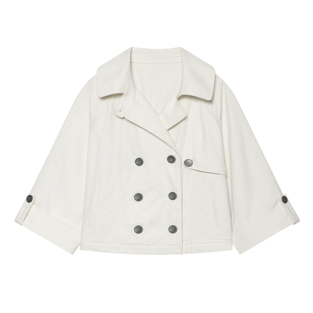 Damen Kurzer Doppelreiher‑Cape‑Trench mit weitem Ärmel und Umschlagdetail Drune