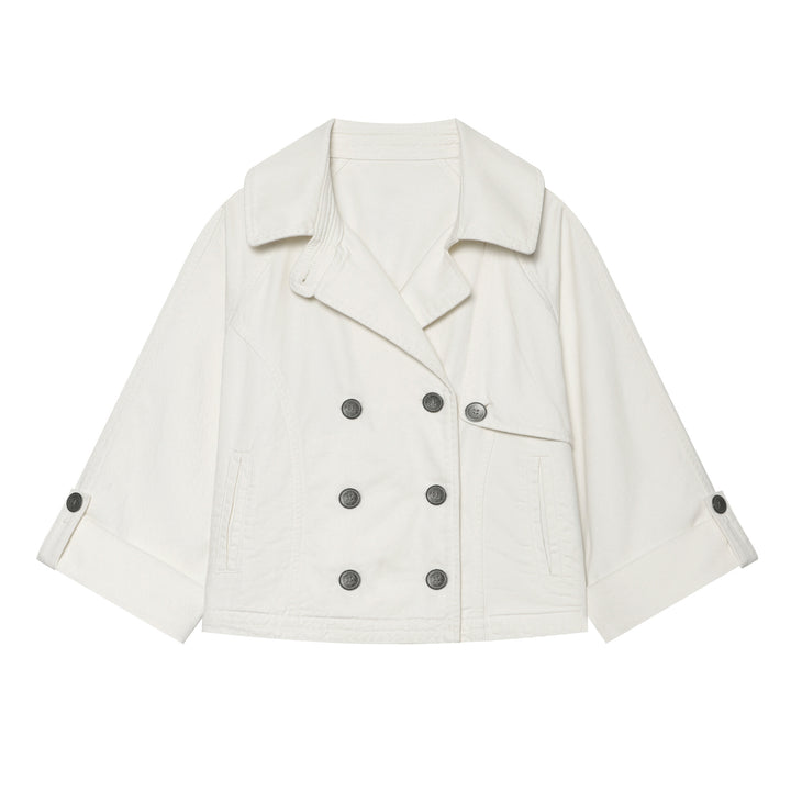 Damen Kurzer Doppelreiher‑Cape‑Trench mit weitem Ärmel und Umschlagdetail Drune