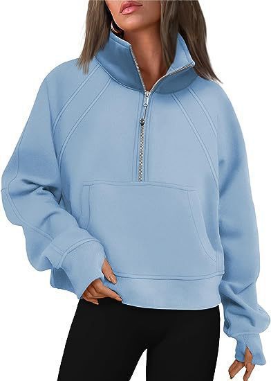 Damen nan weit geschnittenes Kurzpullover mit Stehkragen, halbem Reißverschluss und Kängurutasche Drune