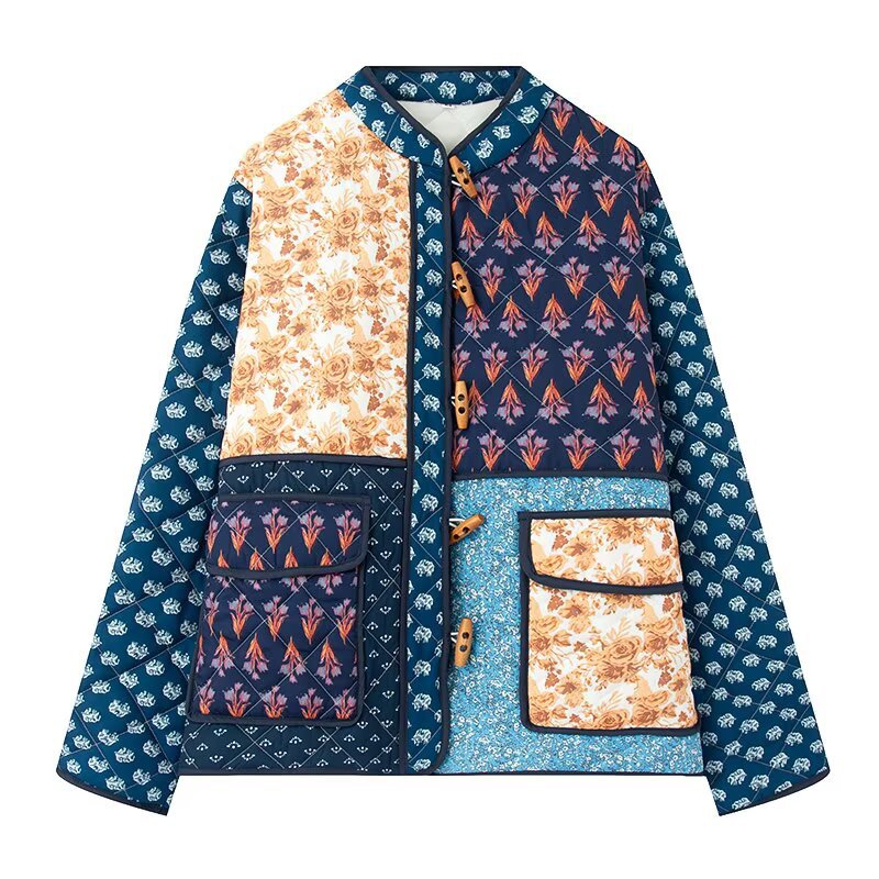 Damen Gefütterte Patchwork-Steppjacke mit Knebelverschlüssen und aufgesetzten Taschen Drune