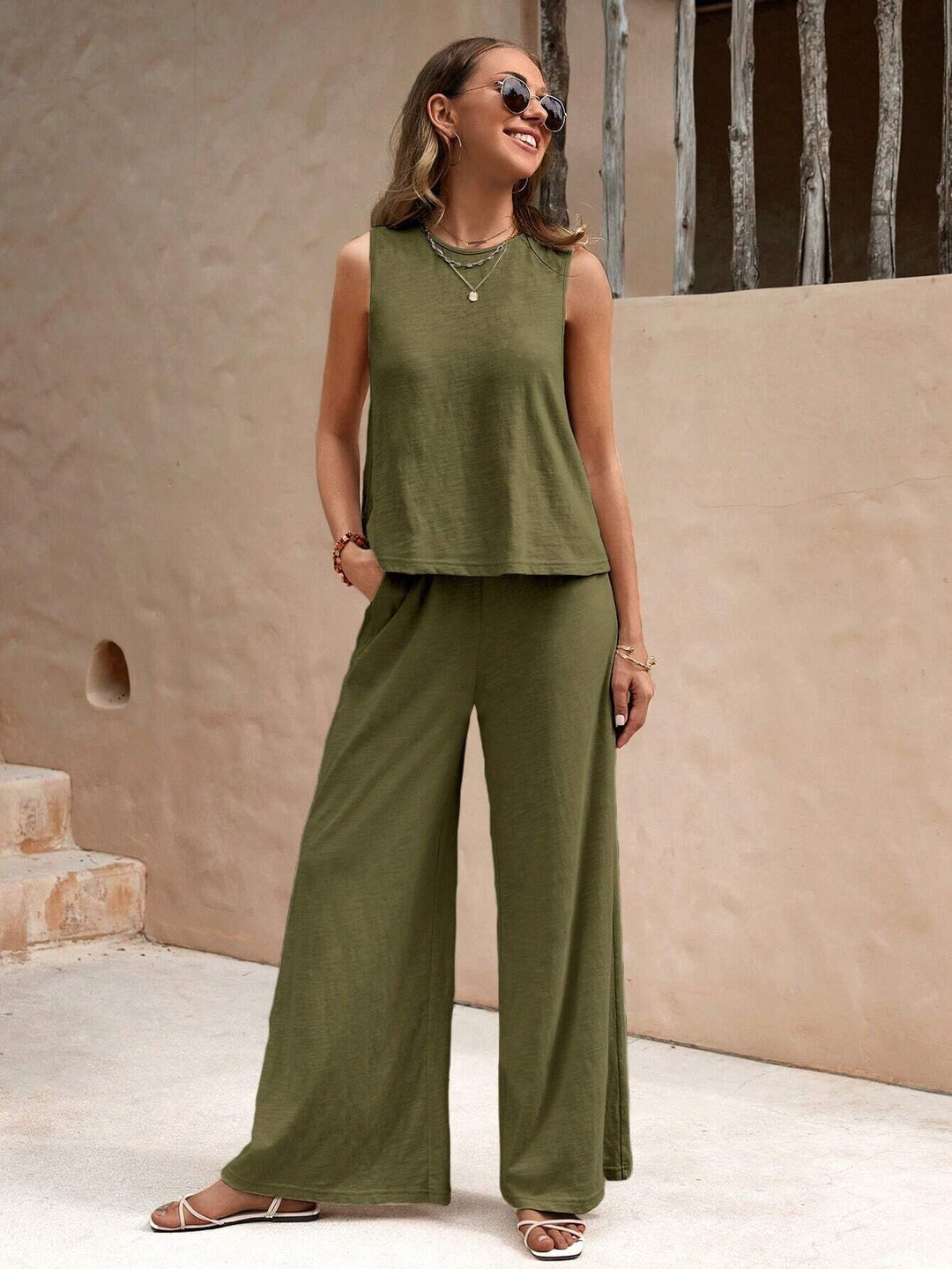 Damen Zweiteiliges Jersey-Set mit ärmellosem Top und weiter Palazzohose Drune