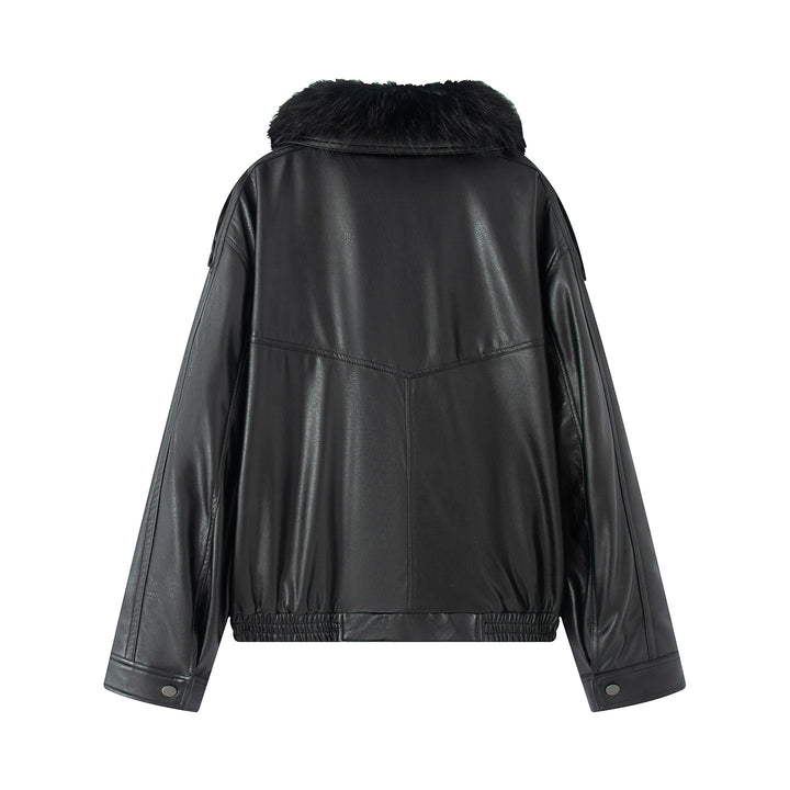 Damen nan taillierter Kunstleder-Blouson mit voluminösem Kunstfellkragen und aufgesetzten Pattentaschen Drune