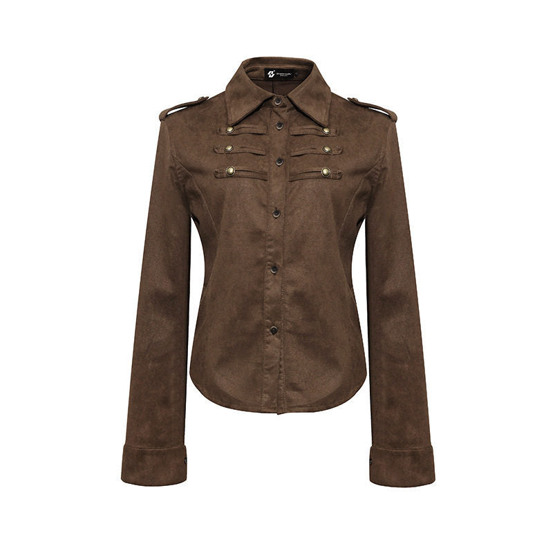 Damen Militärische Velours‑Optik Jacke mit Schulterklappen und Zierriegeln Drune
