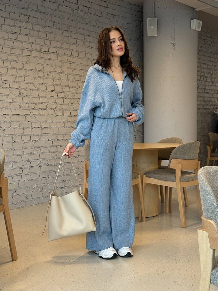 Damen gemütlicher Strick-Jumpsuit mit Reißverschluss, elastischem Taillenbund und weitem Bein Drune