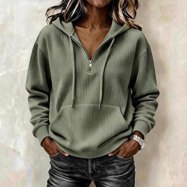 Damen lässiger Oversize Rippstrick-Kapuzenpullover mit halbem Reißverschluss Drune