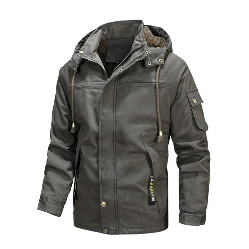 Herren wetterfeste Kapuzen-Canvasjacke mit Teddyfutter und Multifunktions-Taschen Drune