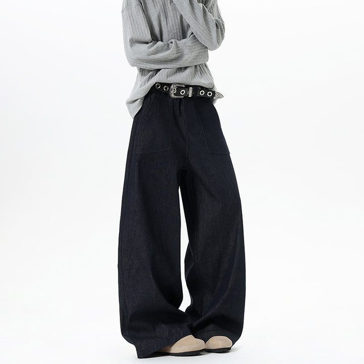 Damen Weite High Waist Denimhose mit extra weitem Bein und aufgesetzten Vordertaschen Drune