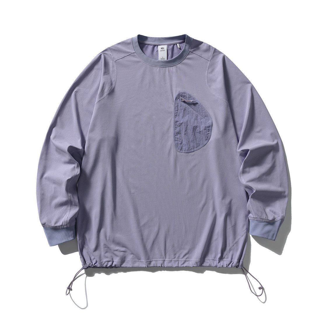 Unisex Leichter technischer Rundhals-Pullover mit Brust-Zip-Tasche, Kordelzugsaum und gerippten Bündchen Drune
