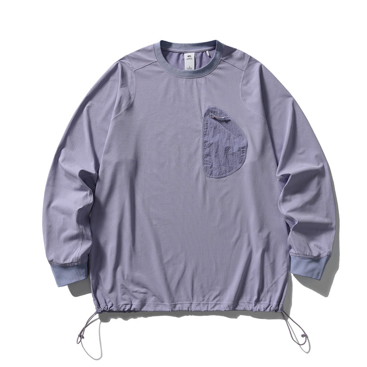 Unisex Leichter technischer Rundhals-Pullover mit Brust-Zip-Tasche, Kordelzugsaum und gerippten Bündchen Drune