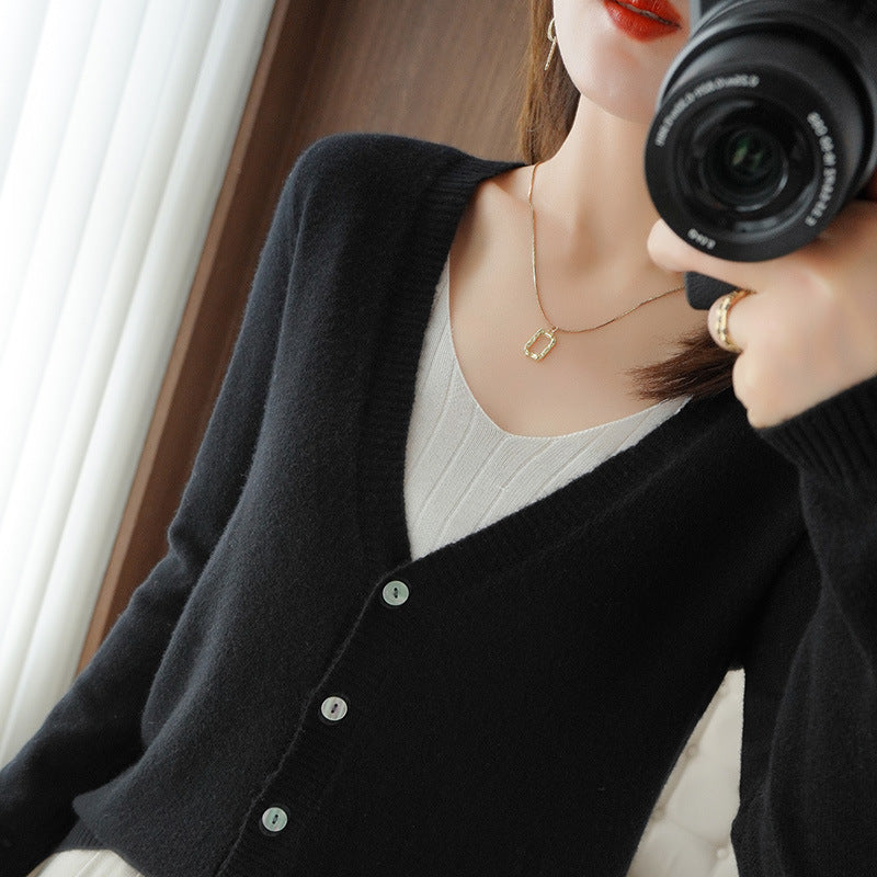 Damen Leichter V‑Ausschnitt-Cardigan aus Kaschmir‑Mix mit feiner Rippkante Drune