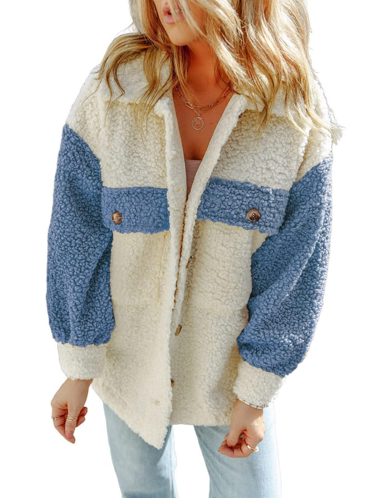 Damen nan oversized Teddy-Hemdjacke mit Kontraststreifen, aufgesetzten Brusttaschen und sichtbarer Knopfleiste Drune