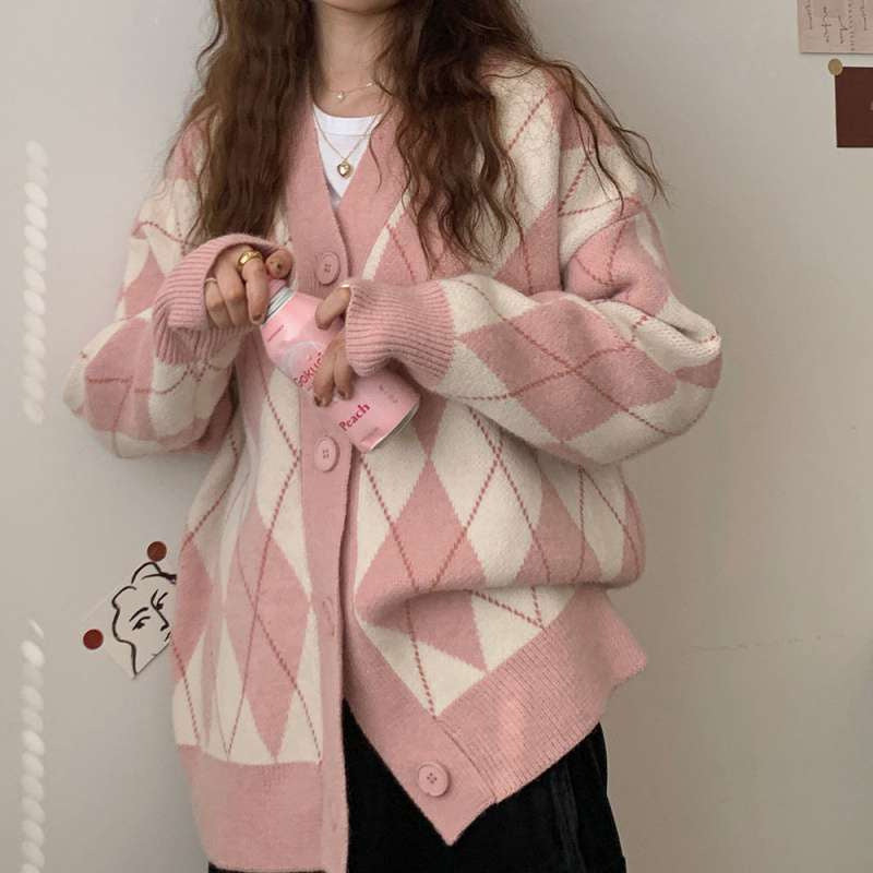 Damen Strickjacke mit Rauten-Design und knöpfen Drune