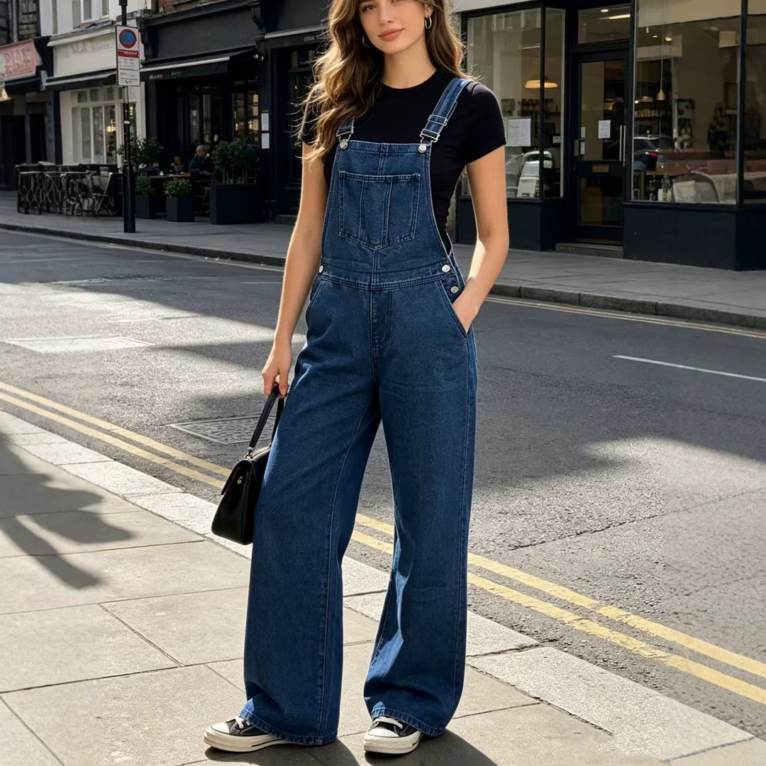 Damen nan weite Denim-Latzhose mit hoher Taille, verstellbaren Trägern und lässigem Schlag Drune