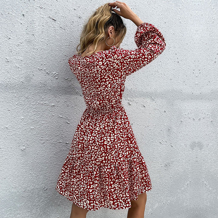 Damen Leoprint-Volantkleid mit Bindeschleife, Gummizugtaillen und langen Ärmeln Drune