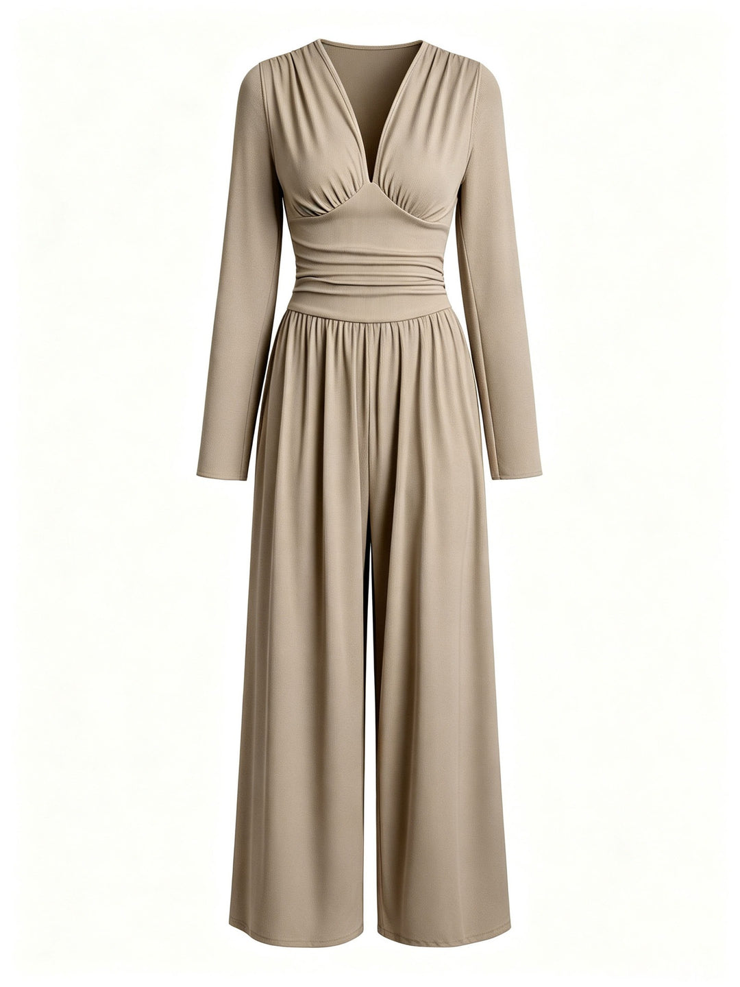 Damen Eleganter V‑Ausschnitt Jumpsuit mit tailliertem Wickelbund und weitem Hosenbein Drune