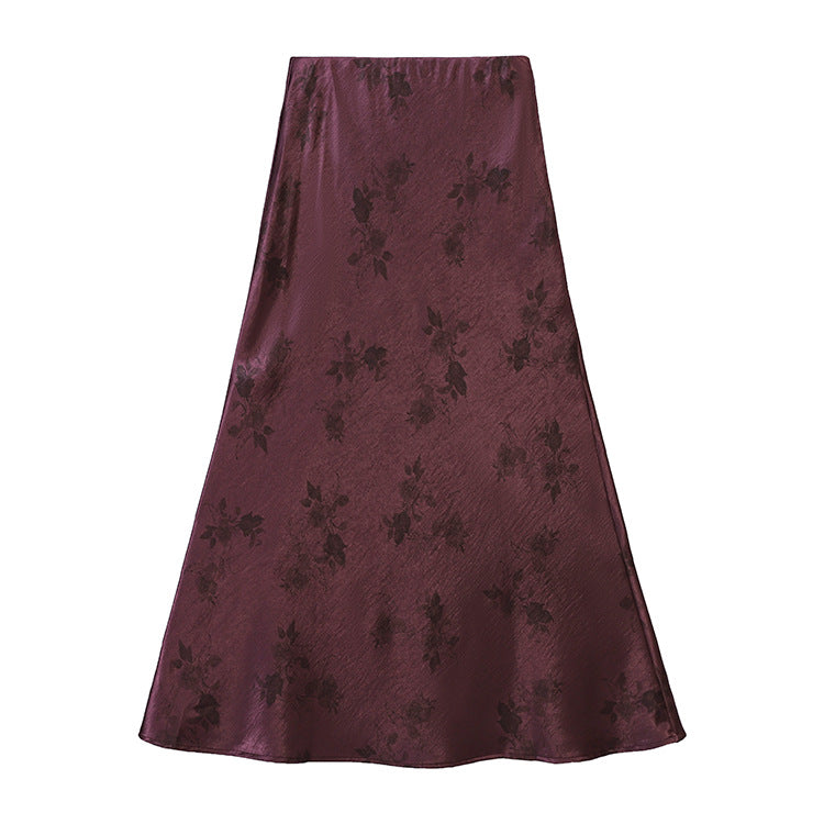 Damen nan taillenhoher A-Linien-Midirock aus jacquardähnischem Satin mit floralem Relief Drune