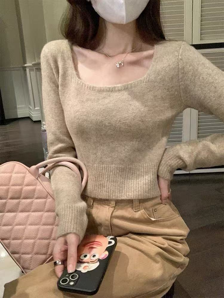 Damen Eleganter Kurzpullover mit Quadrat-Ausschnitt und feiner Strickstruktur Drune