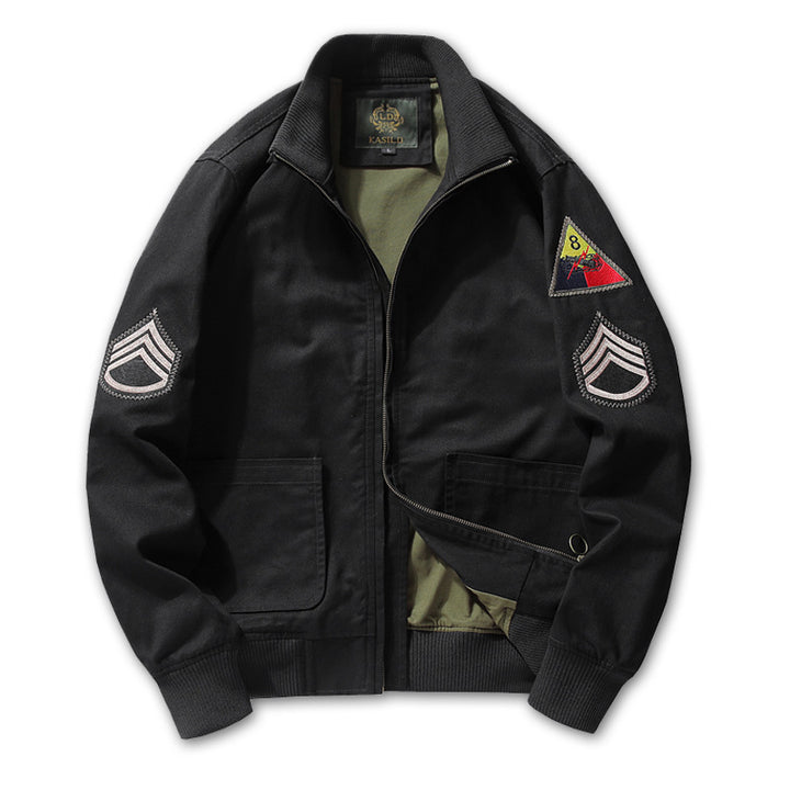Herren Military-inspirierte Canvas-Bomberjacke mit Aufnähern, Stehkragen und Utility-Taschen Drune