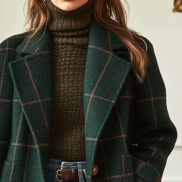 Damen nan karierter Wollmix Mantel mit Reverskragen, aufgesetzten Taschen und taillierter Silhouette Drune