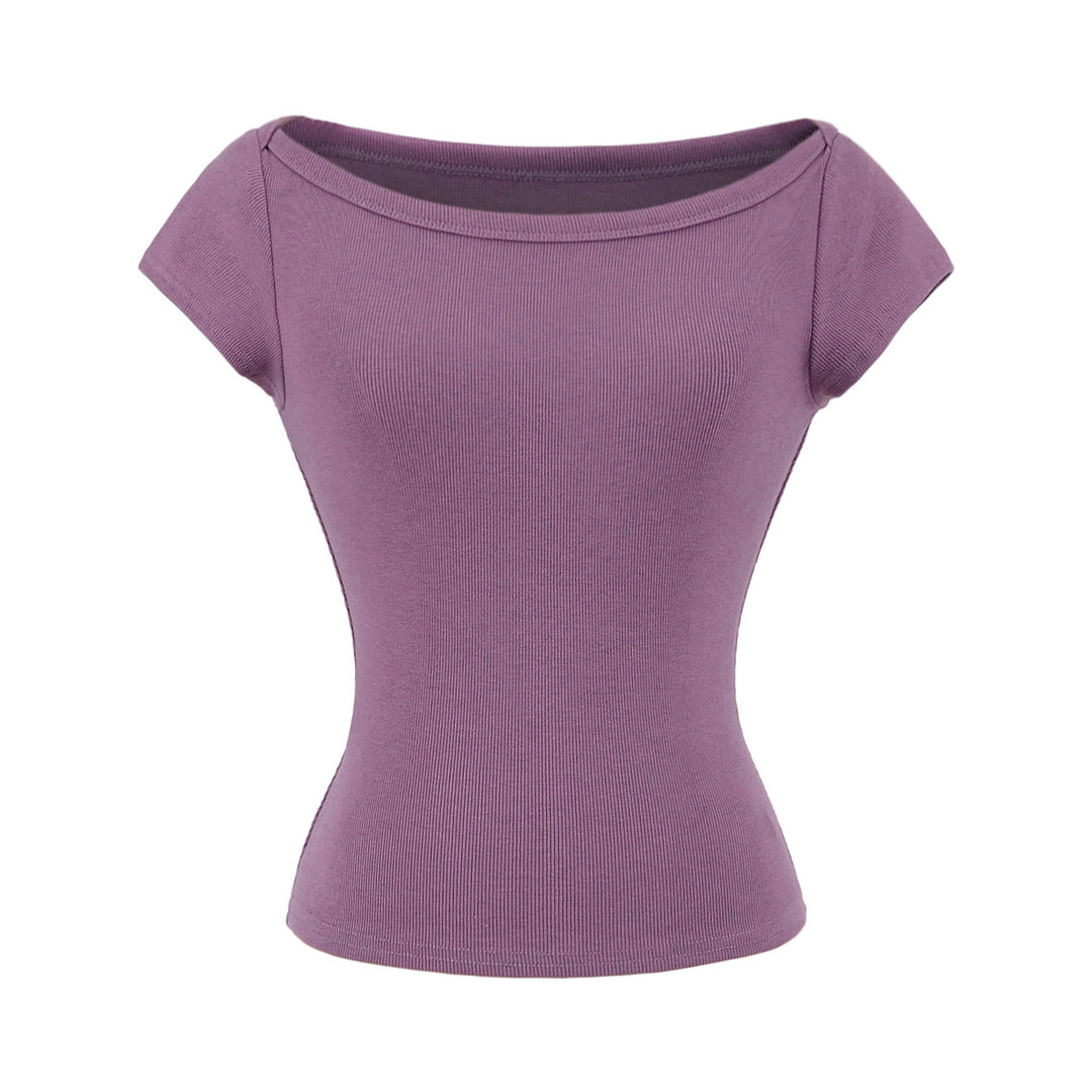 Damen figurbetontes Kurzarmshirt mit weitem Rundhalsausschnitt und feiner Rippstruktur Drune
