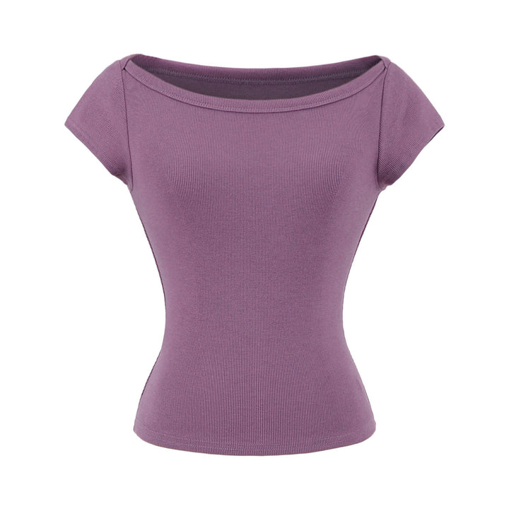 Damen figurbetontes Kurzarmshirt mit weitem Rundhalsausschnitt und feiner Rippstruktur Drune
